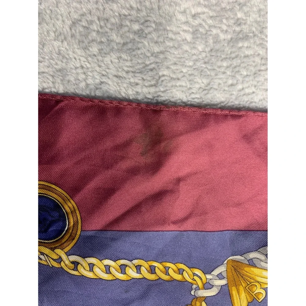 Bogner Vintage Silk Square Scarf Blue Burgundy Gold Chain Crest Made in Italy